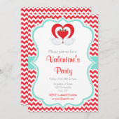 赤と緑のバレンタインのスワン 招待状 (正面/裏面)