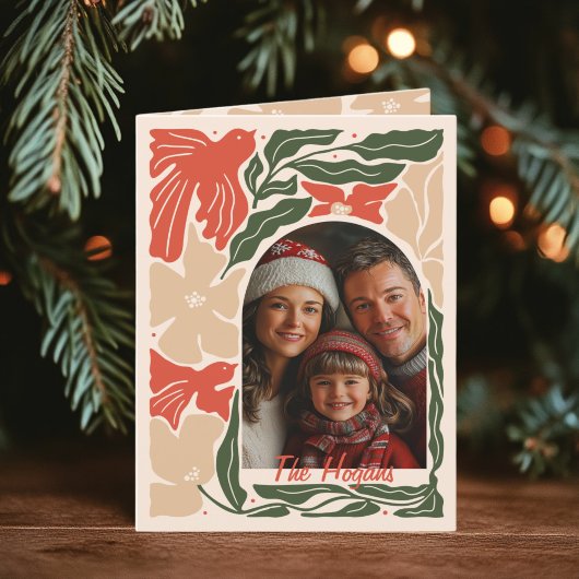 赤と緑のフォークアート2枚組　写真付き折り込み シーズンカード