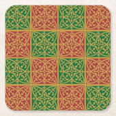 赤と緑のフルーアデリスのパターン スクエアペーパーコースター (正面)