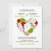 赤と緑のフローラお洒落ハート結婚 招待状 (正面)