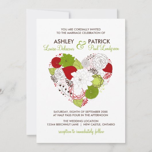 赤と緑のフローラお洒落ハート結婚 招待状 (正面)