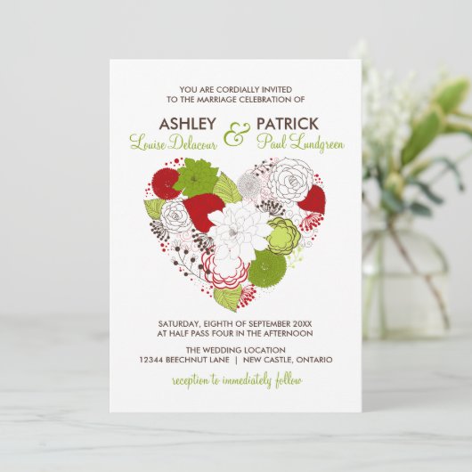 赤と緑のフローラお洒落ハート結婚 招待状 (スタンド正面)