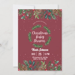 赤と緑のフローラクリスマスベビーシャワー 招待状