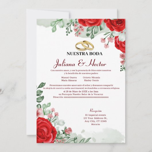 赤と緑のフローラ結婚式招待状 招待状 (正面)