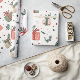 赤と緑のプレゼントとモミの小枝のクリスマスギフト ラッピングペーパー