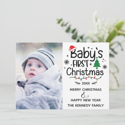 赤と緑のベビー初めてのクリスマス写真 シーズンカード (スタンド正面)