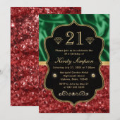 赤と緑のホリデー シャイマー 誕生日 招待状 (正面/裏面)