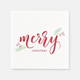 赤と緑のホリーとパインメリークリスマスホリデー スタンダードカクテルナプキン