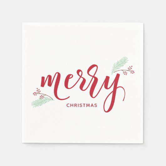 赤と緑のホリーとパインメリークリスマスホリデー スタンダードカクテルナプキン (正面)