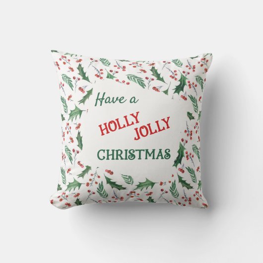 赤と緑のホリーのすてきクリスマスパターン クッション (正面)