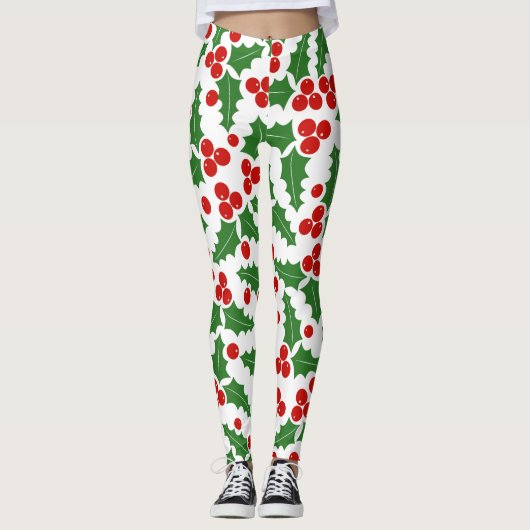 赤と緑のホリーベリーパターンクリスマス レギンス (正面)