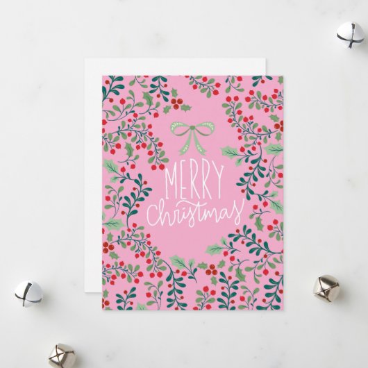 赤と緑のホリーベリーメリークリスマスカード シーズンカード (正面/裏面インサイチュ)