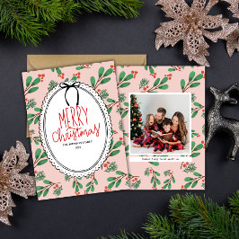 赤と緑のホリーベリー写真クリスマスカード シーズンカード