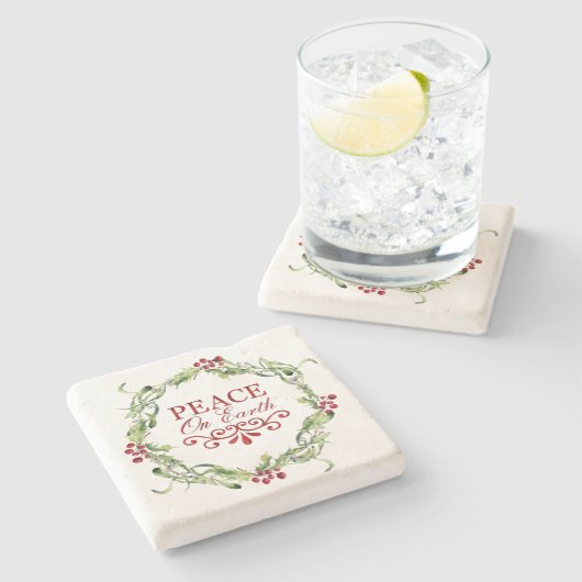 赤と緑のホリーリース平和 ストーンコースター (横)