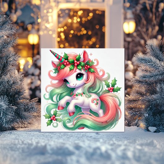 赤と緑のホーリーに飾られたユニコーン シーズンカード