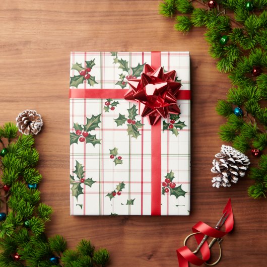 赤と緑のホーリー ラッピングペーパー (クリスマスギフト)