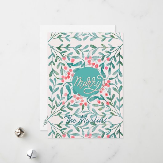 赤と緑のボタニカルなクリスマス　手書き文字 シーズンカード (正面/裏面インサイチュ)