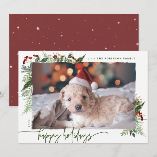 赤と緑のボヘミアングリーン モダンスクリプト フォト シーズンカード (正面/裏面)