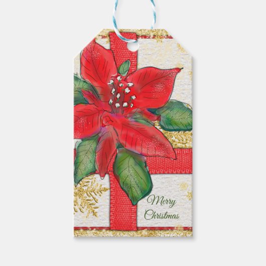 赤と緑のポインセチアのクリスマスギフトタグ ギフトタグ (正面)