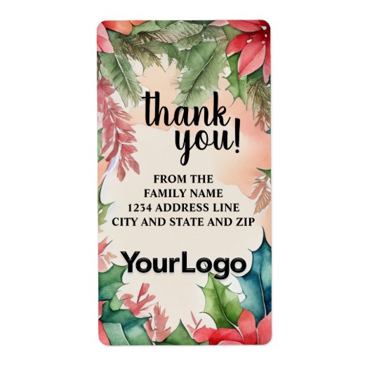 赤と緑のポインセチアのクリスマスツリーの花輪 ラベル (正面)