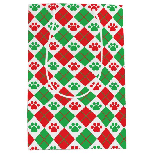 赤と緑のポーアーガイルト印刷 ミディアムペーパーバッグ (正面)