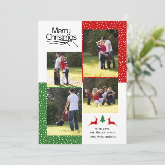 赤と緑のメリークリスマスのタイポグラフィ写真 シーズンカード (スタンド正面)