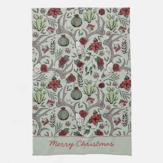 赤と緑のメリークリスマスカントリー女性のカーボーイ キッチンタオル (縦)