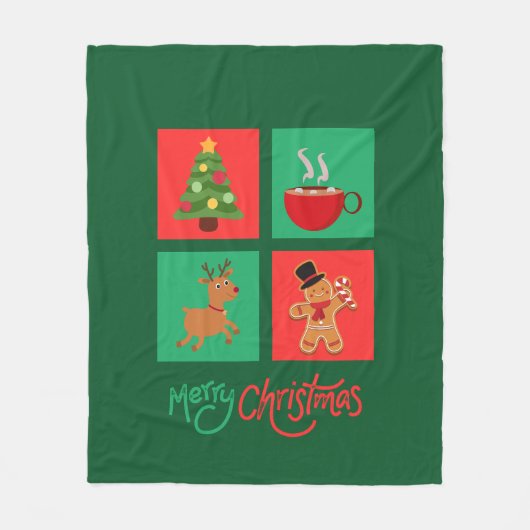赤と緑のメリークリスマスデザイン フリースブランケット (正面)