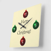 赤と緑のメリークリスマスボール スクエア壁時計 (傾斜)