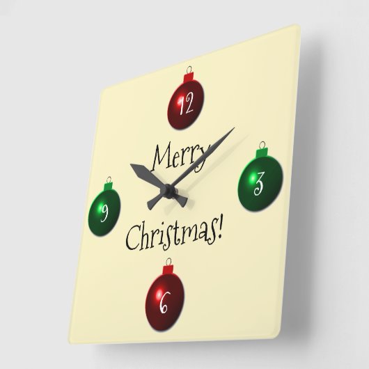 赤と緑のメリークリスマスボール スクエア壁時計 (傾斜)