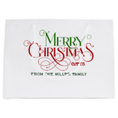 赤と緑のメリークリスマスレトロタイポグラフィ ラージペーパーバッグ (正面)