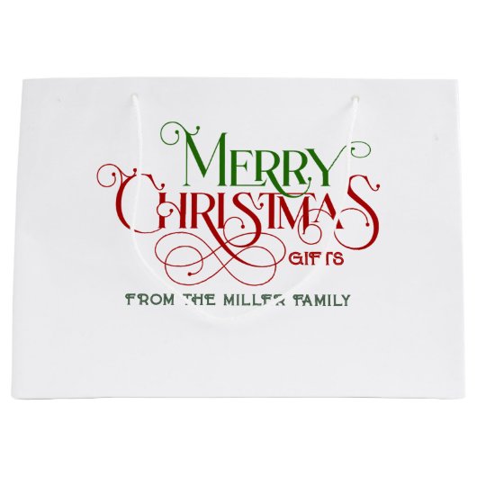 赤と緑のメリークリスマスレトロタイポグラフィ ラージペーパーバッグ (正面)