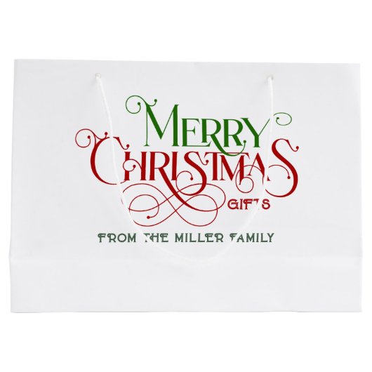 赤と緑のメリークリスマスレトロタイポグラフィ ラージペーパーバッグ (裏面)