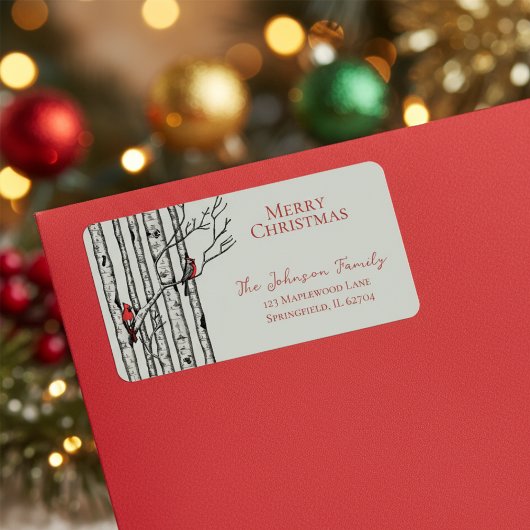赤と緑のメリークリスマス深紅色樺の木ブランチ ラベル