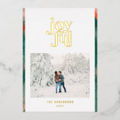 赤と緑のモダンな抽象的な喜びに満ちた写真 箔シーズンカード (正面)