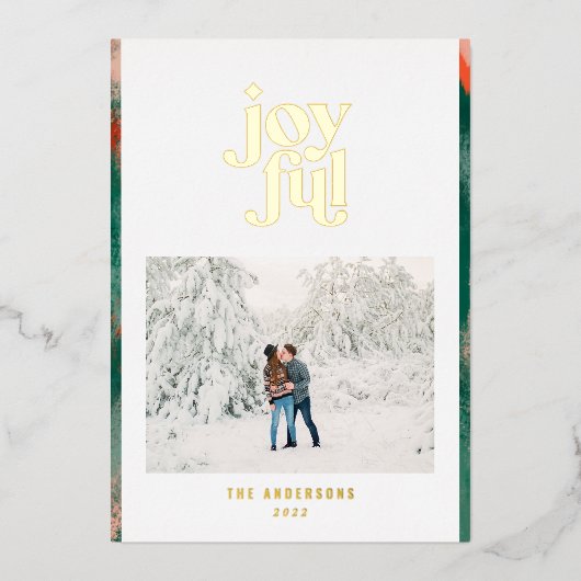 赤と緑のモダンな抽象的な喜びに満ちた写真 箔シーズンカード (正面)