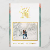 赤と緑のモダンな抽象的な楽しい写真のホリデー フォイルカード 箔シーズンカード (正面)