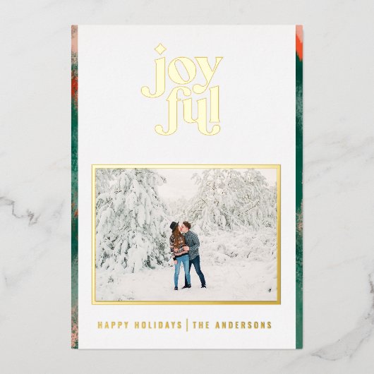 赤と緑のモダンな抽象的な楽しい写真のホリデー フォイルカード 箔シーズンカード (正面)