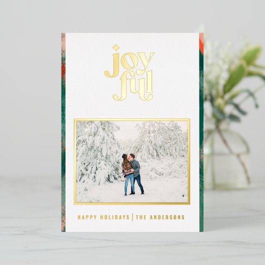 赤と緑のモダンな抽象的な楽しい写真のホリデー フォイルカード 箔シーズンカード (立ち正面)