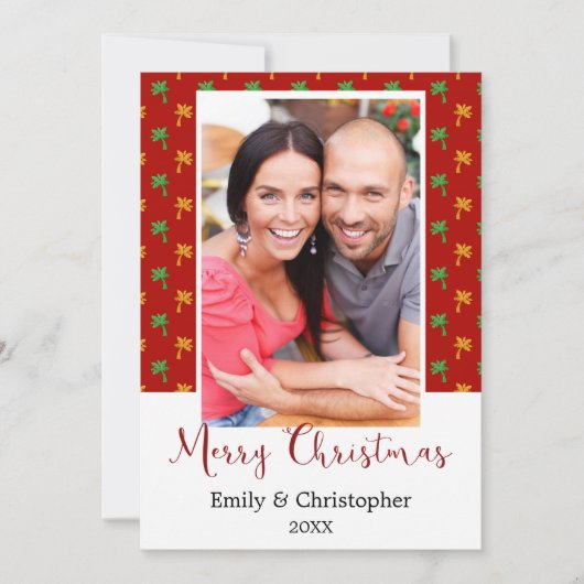 赤と緑のヤシの木の熱帯クリスマスフォト シーズンカード (正面)