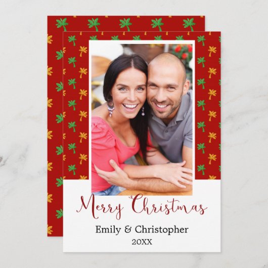赤と緑のヤシの木の熱帯クリスマスフォト シーズンカード (正面/裏面)