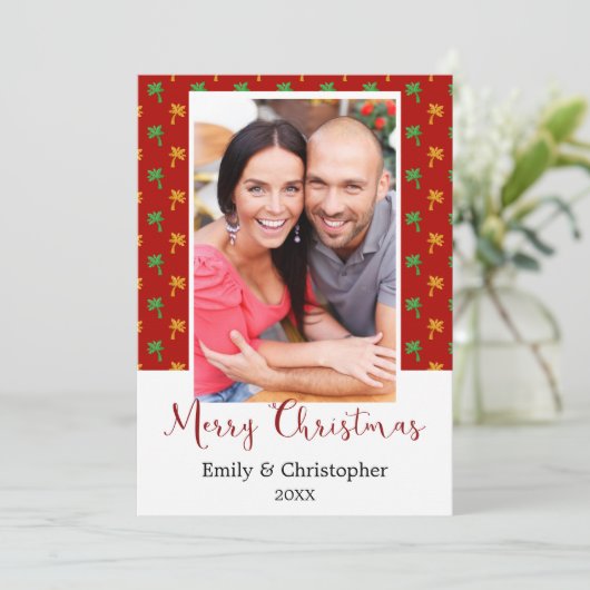 赤と緑のヤシの木の熱帯クリスマスフォト シーズンカード (スタンド正面)