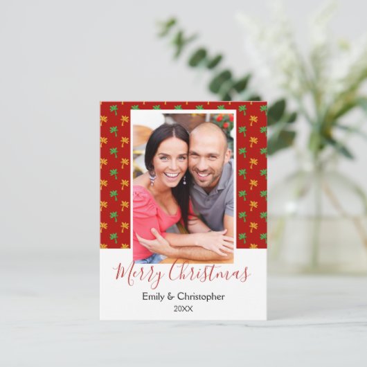 赤と緑のヤシの木の熱帯クリスマスフォト シーズンポストカード (スタンド正面)
