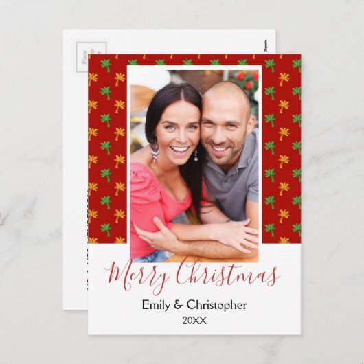 赤と緑のヤシの木の熱帯クリスマスフォト シーズンポストカード (正面/裏面)