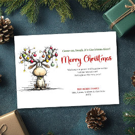 赤と緑のユーモラスなトナカイのクリスマスグリーティング シーズンカード