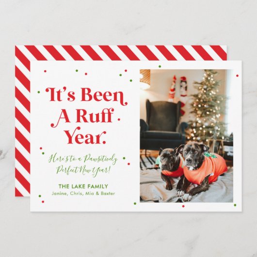 赤と緑のラフ年の犬の写真クリスマスカード シーズンカード (正面/裏面)