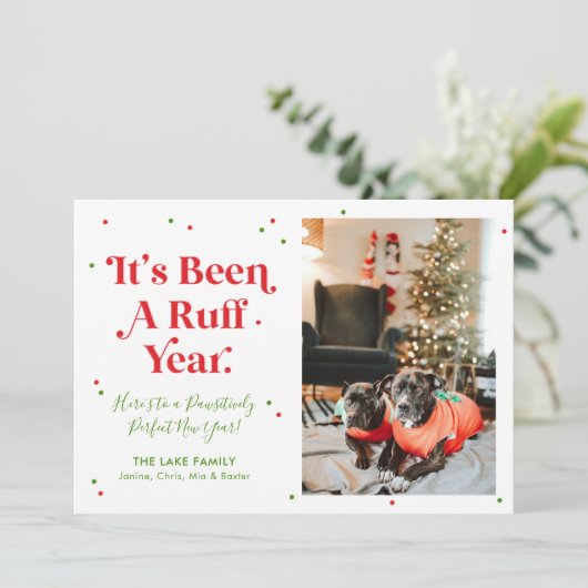赤と緑のラフ年の犬の写真クリスマスカード シーズンカード (スタンド正面)