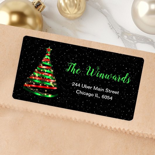 赤と緑のリボンクリスマスツリー ラベル