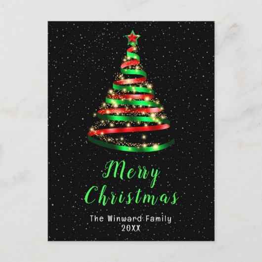 赤と緑のリボンツリーメリークリスマス シーズンポストカード (正面)
