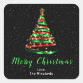 赤と緑のリボンツリーメリークリスマス スクエアシール (正面)